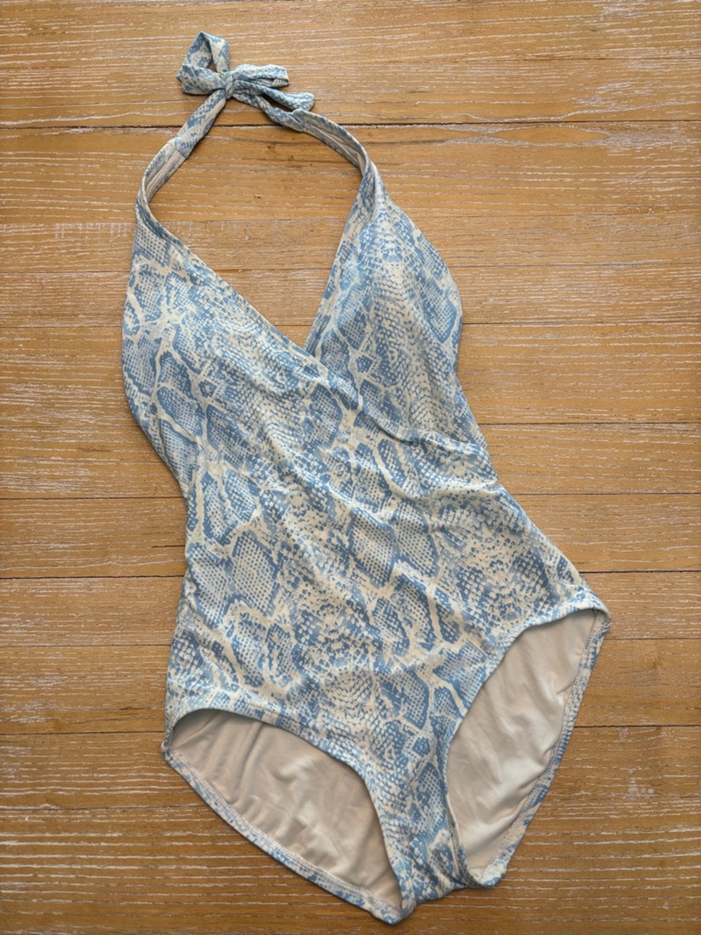 Carmen Marc Valvo Light Blue and Cream Snake-Print Swimsuit